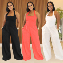 Loose backless hanging neck solid color jumpsuit