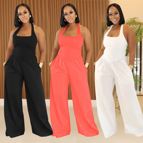 Loose backless hanging neck solid color jumpsuit