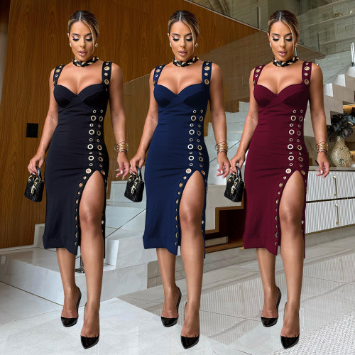 Slimming button decoration dress