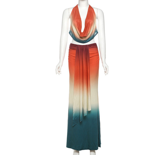 Hanging neck color blocked mesh printed skirt two-piece set