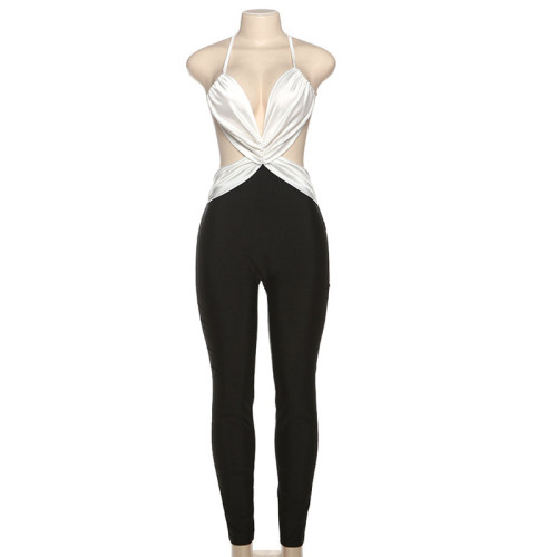 Color blocking cross exposed high waisted tight fitting jumpsuit pants
