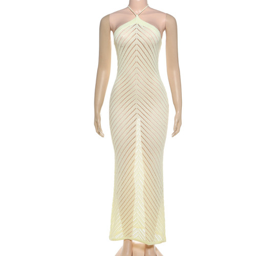 Hanging neck knitted hollow out backless jumpsuit