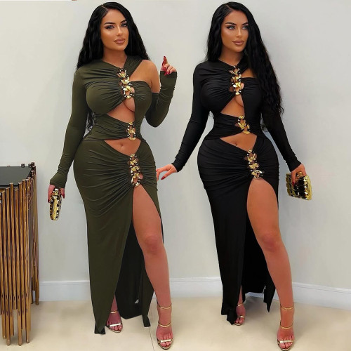 Black tight dress with hollowed out slit dress, long skirt