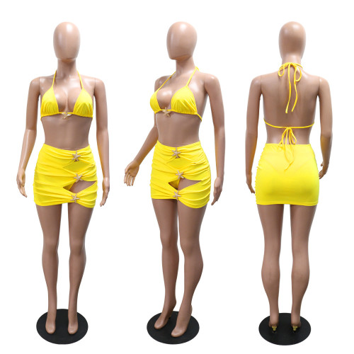 Lace up half skirt swimsuit bikini three piece set