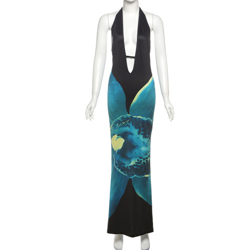 Flower print hanging neck, exposed navel, hip hugging jumpsuit, long skirt