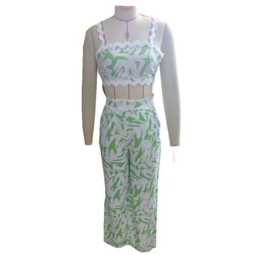 Printed suspender wrapped chest lace contrasting bell bottom pants set