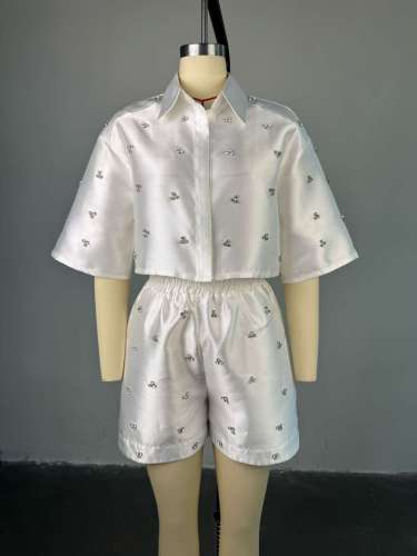 Nail bead collar bat sleeve shirt high waisted shorts two-piece set