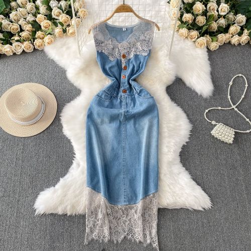Lace patchwork V-neck sleeveless denim dress