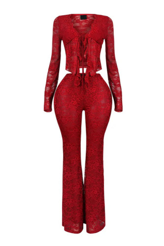 Lace up hollow cardigan long sleeved lace shirt lace pants two-piece set