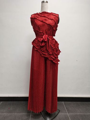 Large size hot stamping sleeveless irregular top loose wide leg pants set