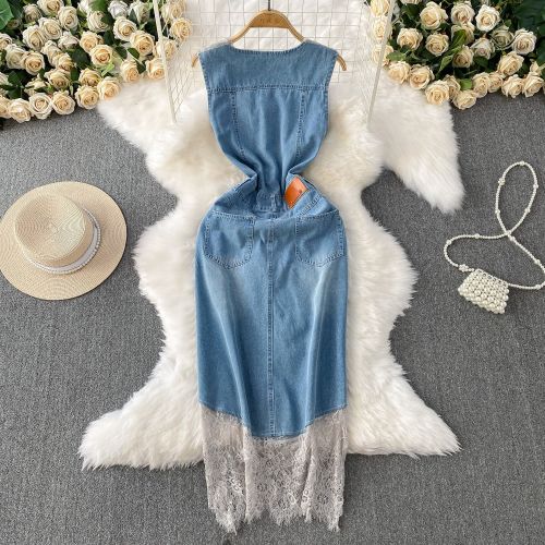 Lace patchwork V-neck sleeveless denim dress