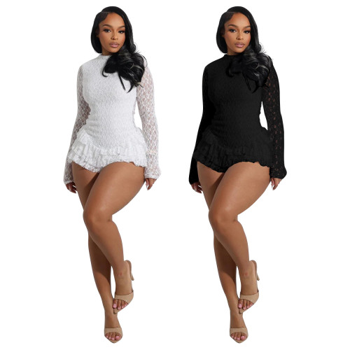 Lace long sleeved shorts with fungus edge backless jumpsuit