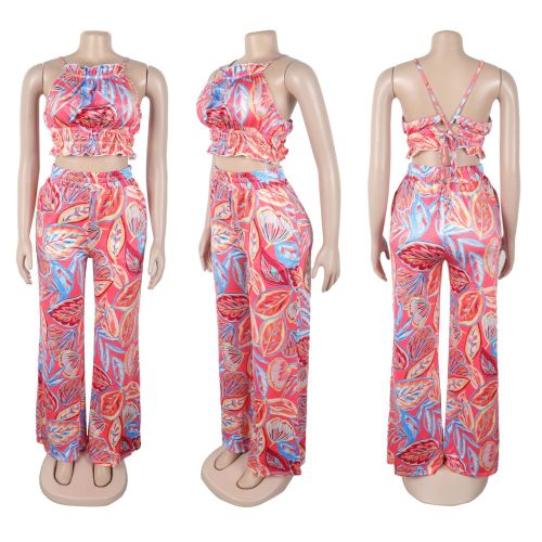 Printed set, high neck hanging vest, high waist long pants, two-piece set