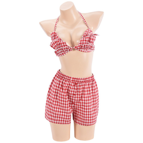 Open navel and back strap wrapped chest plaid shorts set