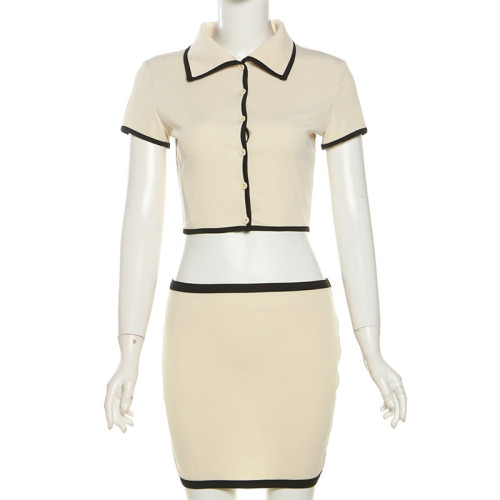 Short sleeved cardigan, lapel, hip hugging skirt, short skirt set