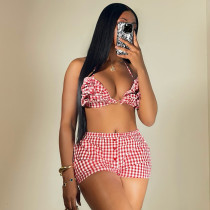 Open navel and back strap wrapped chest plaid shorts set