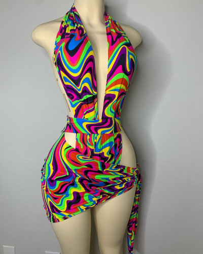 Printed one-piece swimsuit bikini 2-piece set