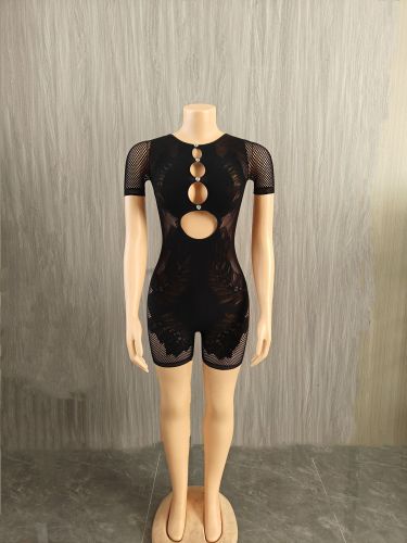 Mesh see through high waisted long sleeved tight fitting hip hugging jumpsuit