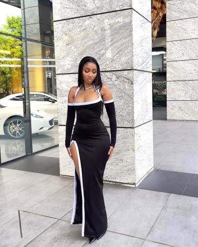 White border hollow high slit hanging neck dress