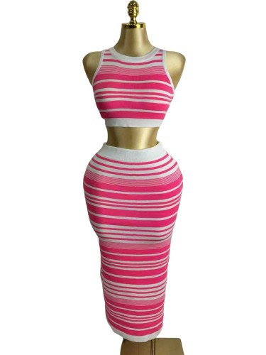 Two piece set of striped round neck vest, hip hugging knitted dress