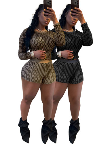 Printed long sleeved round neck shorts two-piece set