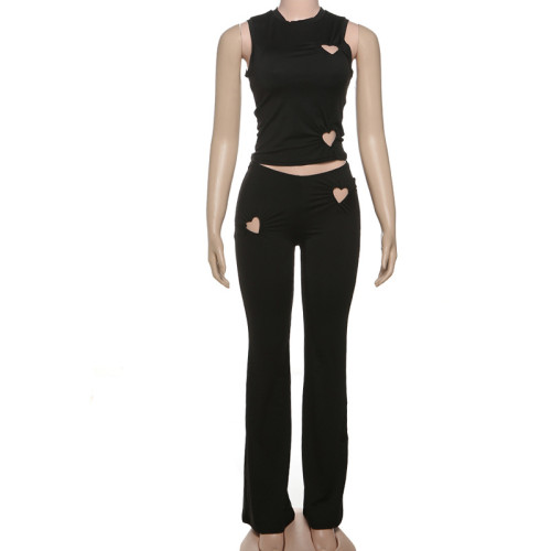 Minimally designed heart-shaped hollow sleeveless vest and pants set