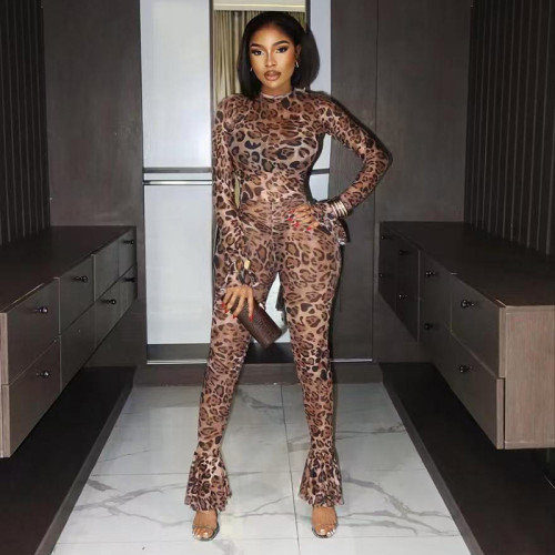 Round neck zipper see through leopard print mesh printed flared sleeve jumpsuit