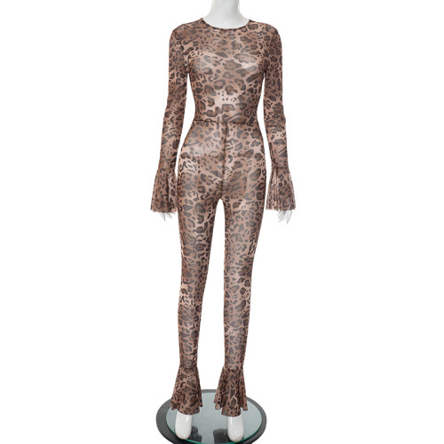Round neck zipper see through leopard print mesh printed flared sleeve jumpsuit
