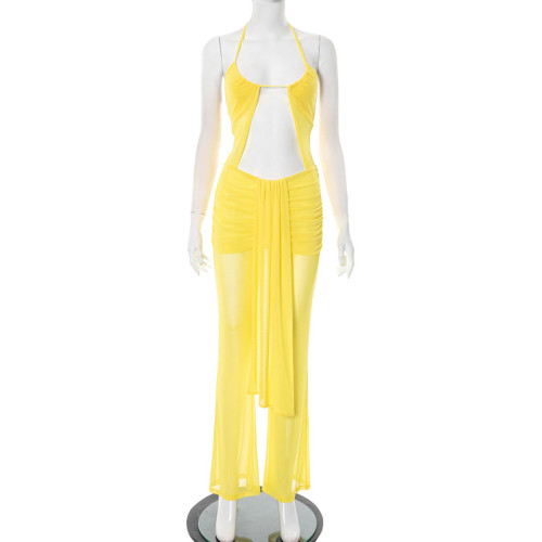 Hanging neck and exposed waist mesh drawstring see through hollow ribbon jumpsuit