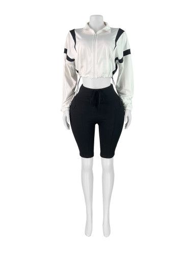 Color blocking drawstring waist zipper exposed navel long sleeved cardigan set