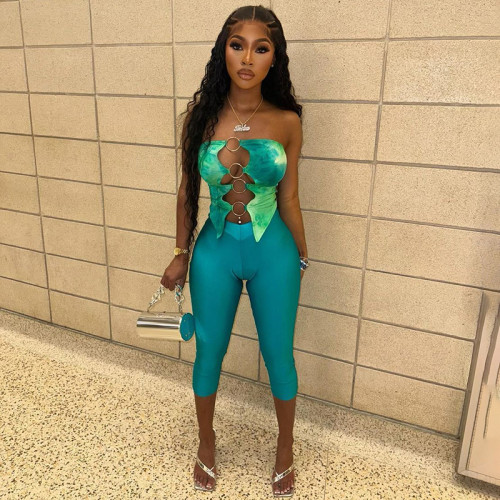 Printed circular ring splicing hollowed out strapless top and cropped pants set