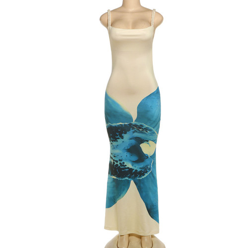 Printed bag buttocks exposed back sleeveless suspender jumpsuit long skirt