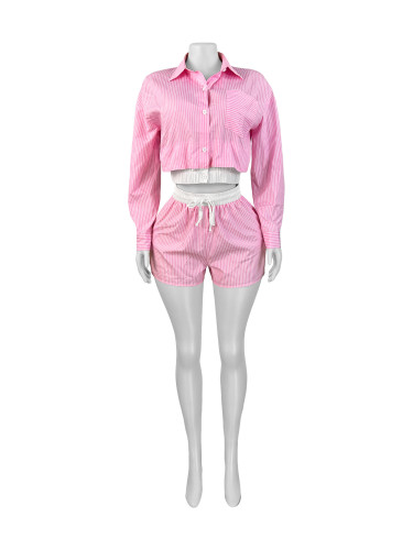 Collar striped shirt patchwork long sleeved elastic waisted shorts two-piece set
