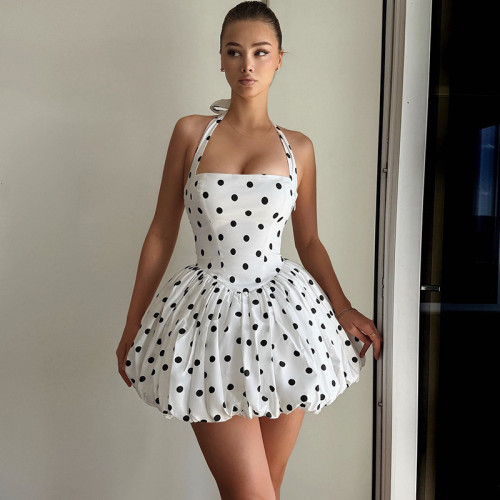 Printed backless hanging neck waist and chest wrapped dress