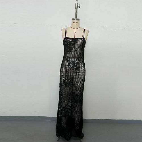 U-neck solid color suspender hollow out long skirt beach dress