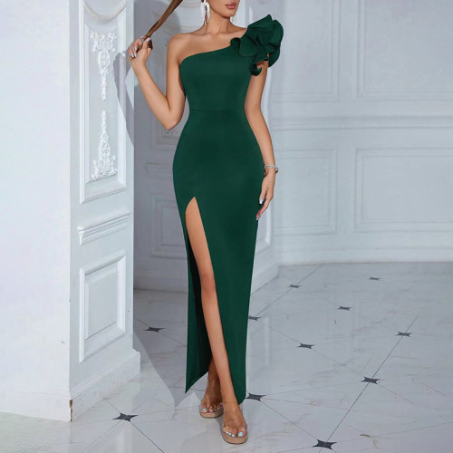 Strapless three-dimensional flower splicing high slit long dress KDR539703P