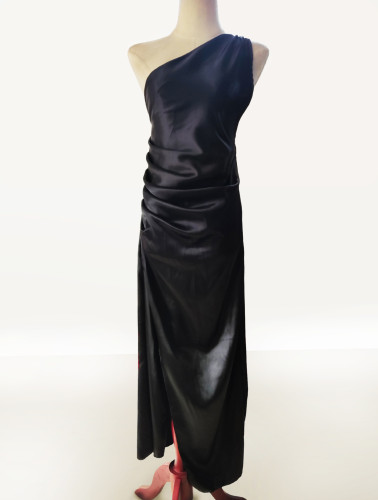 Slanted shoulder slit satin dress LYQ1268