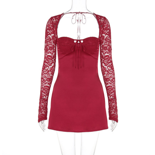 Lace long sleeved backpack hip revealing dress D4415973W