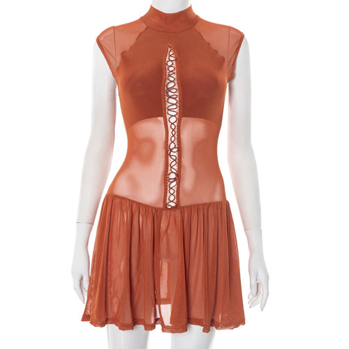Half high collar lace up hollow rope splicing mesh pleated dress