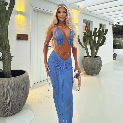Hollow lace up backless top with drawstring long skirt
