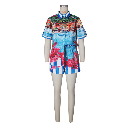 Printed short sleeved shorts color blocked set