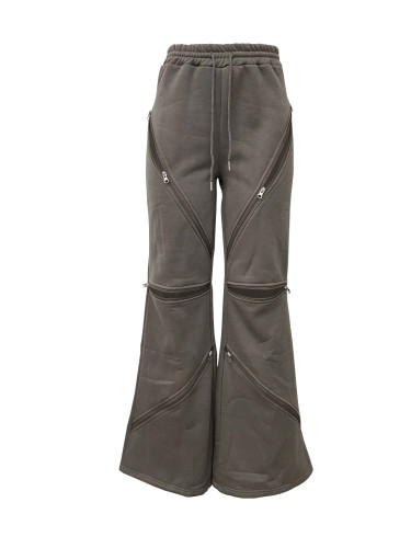 Splicing multiple zippers, elastic waistband, drawstring, loose straight leg flared pants