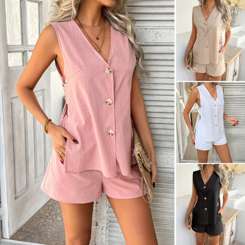 Solid color cardigan vest short pants set