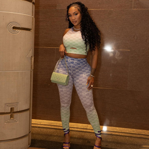 Hollow printed pants set, vest top, small leg pants two-piece set