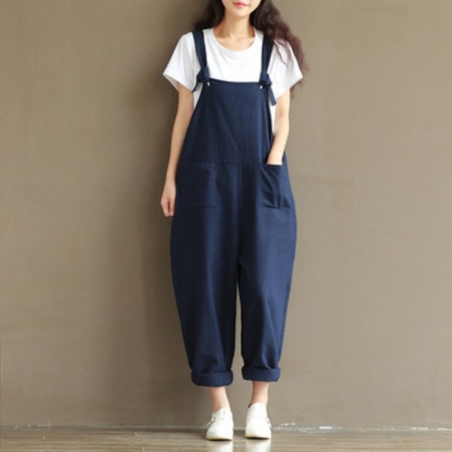 Women's Dungarees Vintage Printed Loose Casual Baggy Sleeveless Overall Long Jumpsuit Playsuit Trousers Pants Dungarees