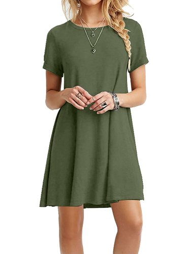 Women Mini Dresses Short Sleeve Casual Loose Tunic Round Neck Long Tshirt Mini Dress