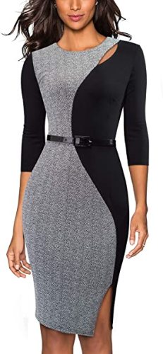 Women's Vintage 3/4 Sleeve Crew Neck Colorblock Belt Business Dress