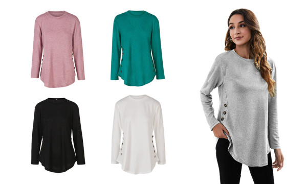 Womens Side Buttons Long Sleeve Crew Neck T Shirt