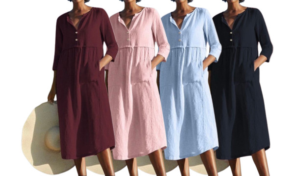 Women's Half Sleeve Button Loose Midi Dress