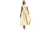 Women Stand-Up Collar Open Waist Pleated Dress